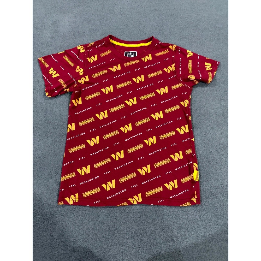NFL Team Apparel Washington Commanders Shirt Boys 14-16 Red Cotton Allover Print